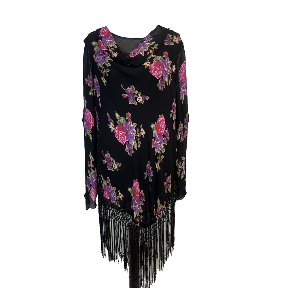 Temptations II Blouse Tunic Plus size 3XL Black Pink Purple Floral Fringe Church